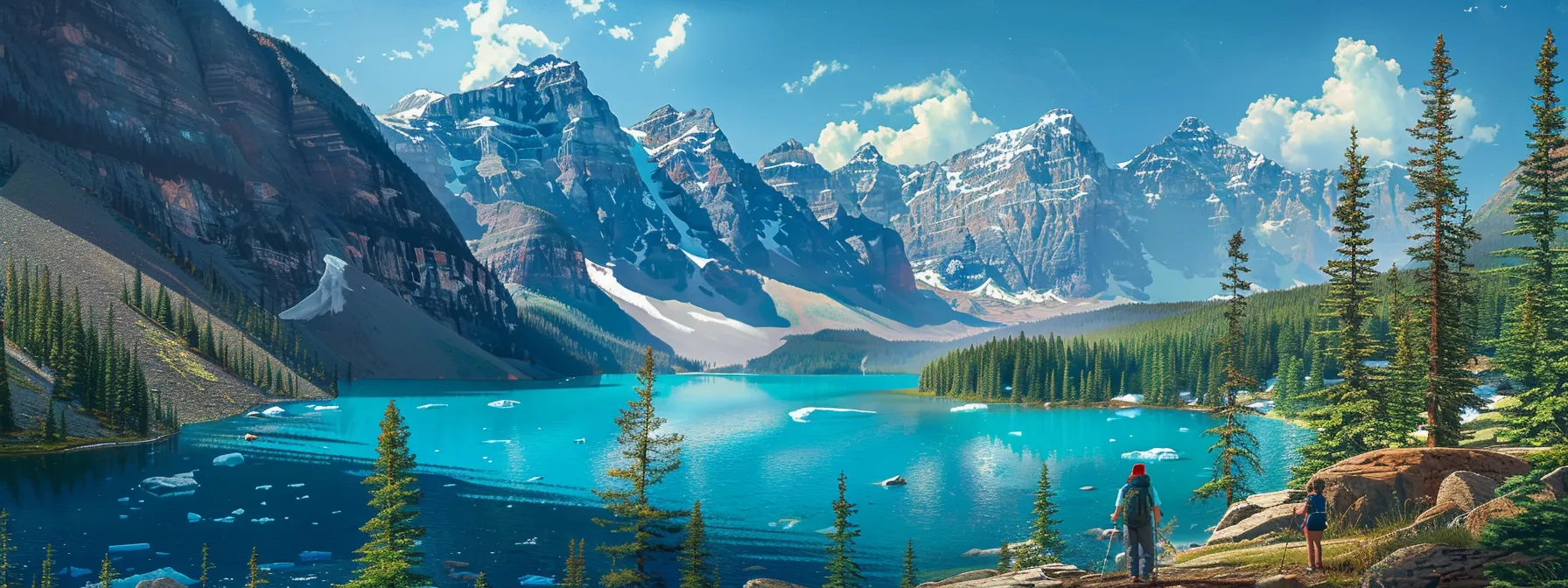 a breathtaking panoramic view of banff national park showcases majestic snow-capped mountains towering over vibrant turquoise lakes, with adventurous hikers trekking along a winding trail under a clear blue sky.