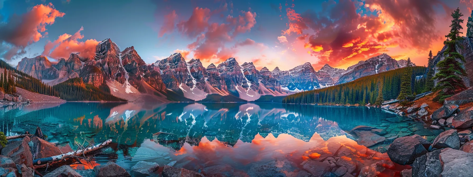 a breathtaking panoramic view of banff national park showcasing its iconic turquoise lakes and towering mountain peaks under a vibrant sunset sky, inviting travelers to explore its scenic wonders and local wildlife.