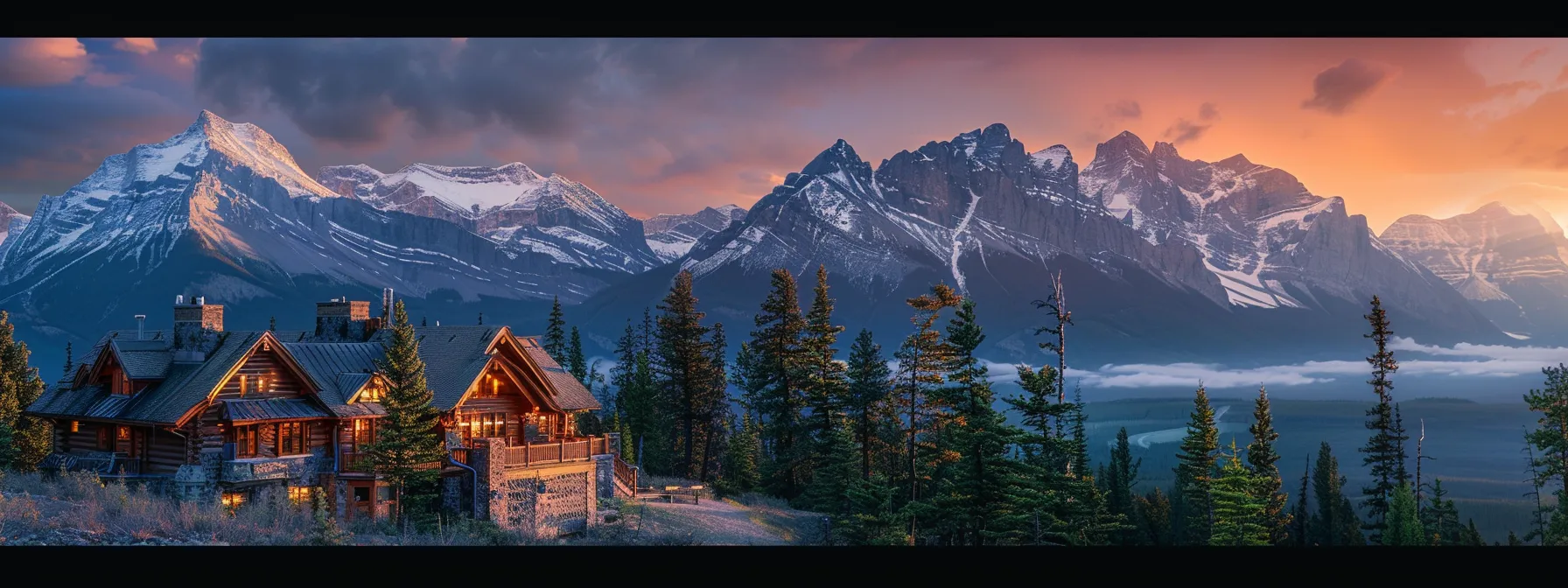 a breathtaking view of a cozy lodge nestled among the majestic rocky mountains in banff, bathed in warm sunset light, inviting travelers to unwind and enjoy their adventure.