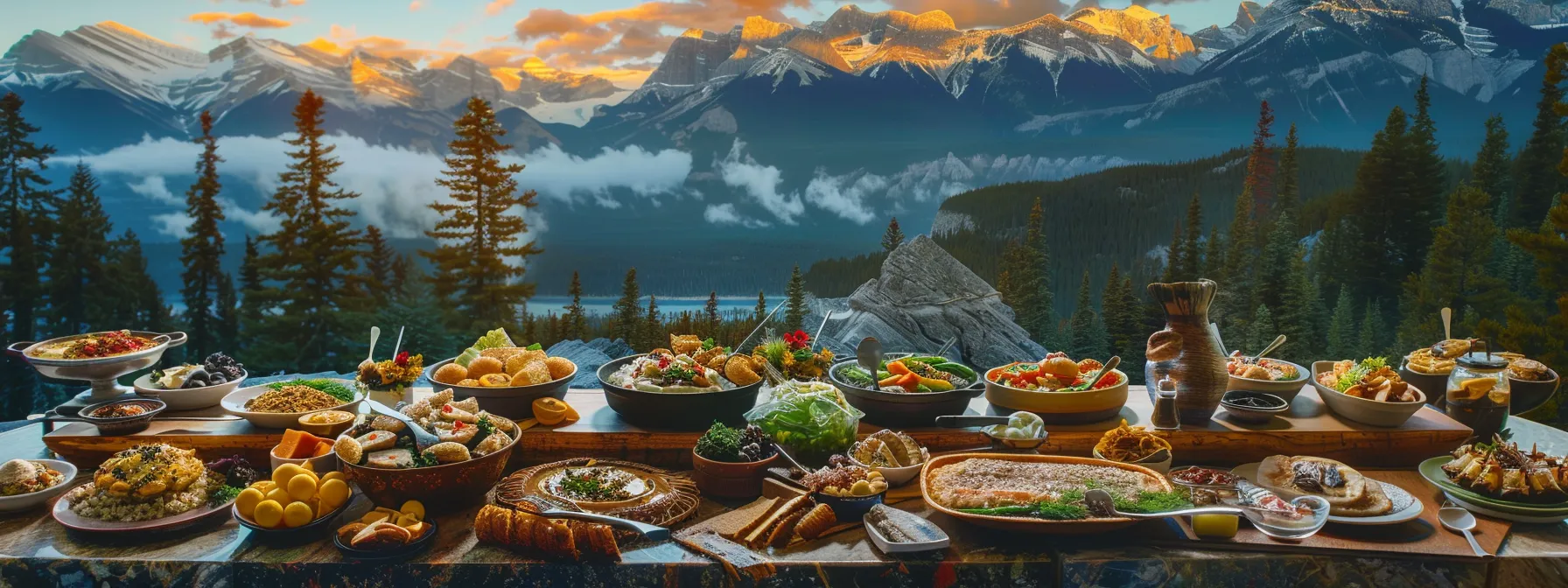 a vibrant banquet table overflowing with exquisite local dishes, showcasing the rich culinary flavors of banff amid breathtaking mountain scenery, bathed in warm, golden sunset lighting.