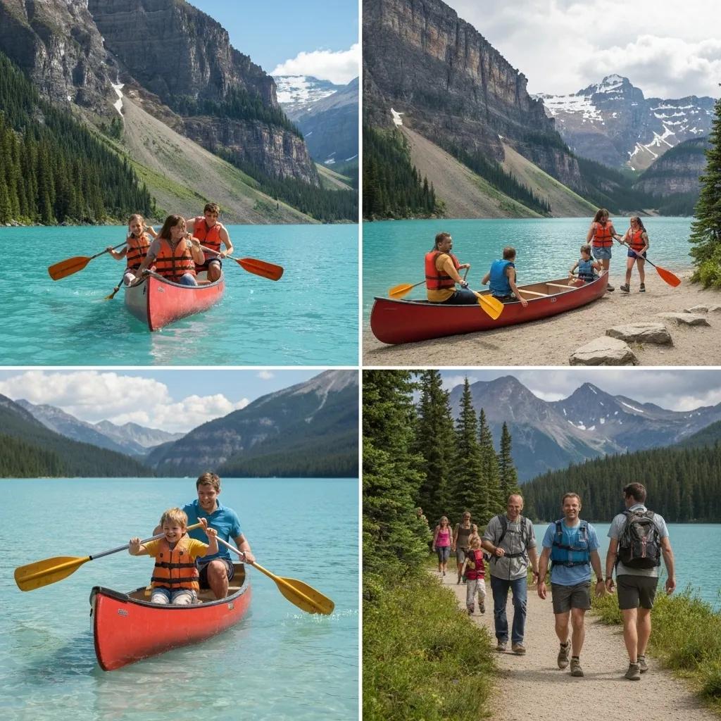Families enjoying canoeing and hiking at Lake Louise with stunning mountain backdrop
