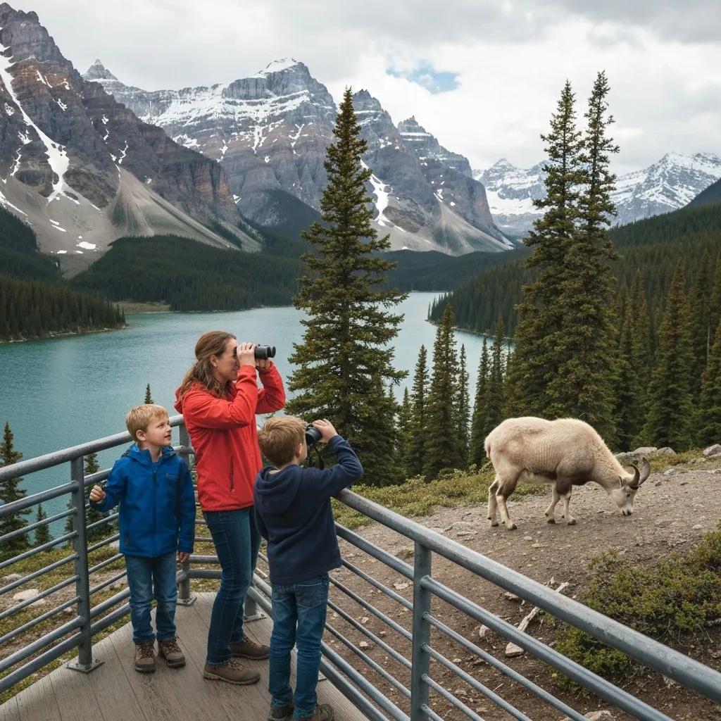Family safely observing wildlife in Banff National Park with binoculars and scenic views